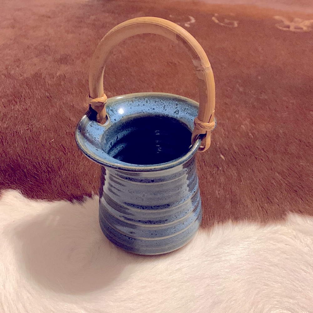 Signed Vintage Bamboo handle Blue pottery Vase